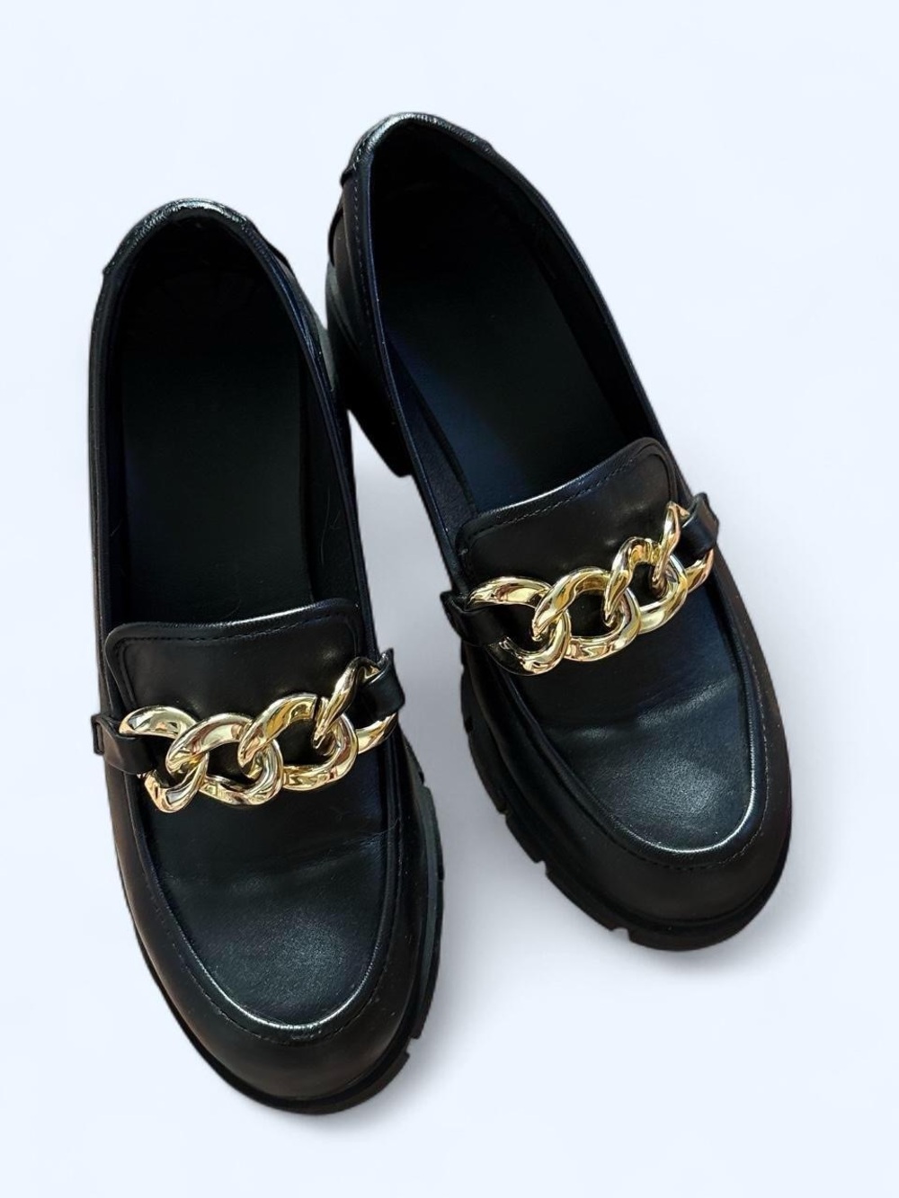 Classic Black Loafers with Statement Gold Chain